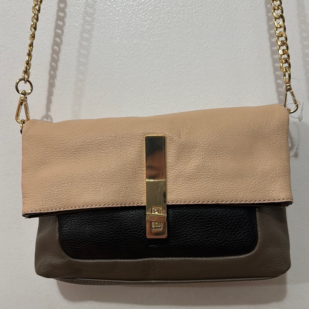 Chic Tan and Black Crossbody Bag with Gold Accents